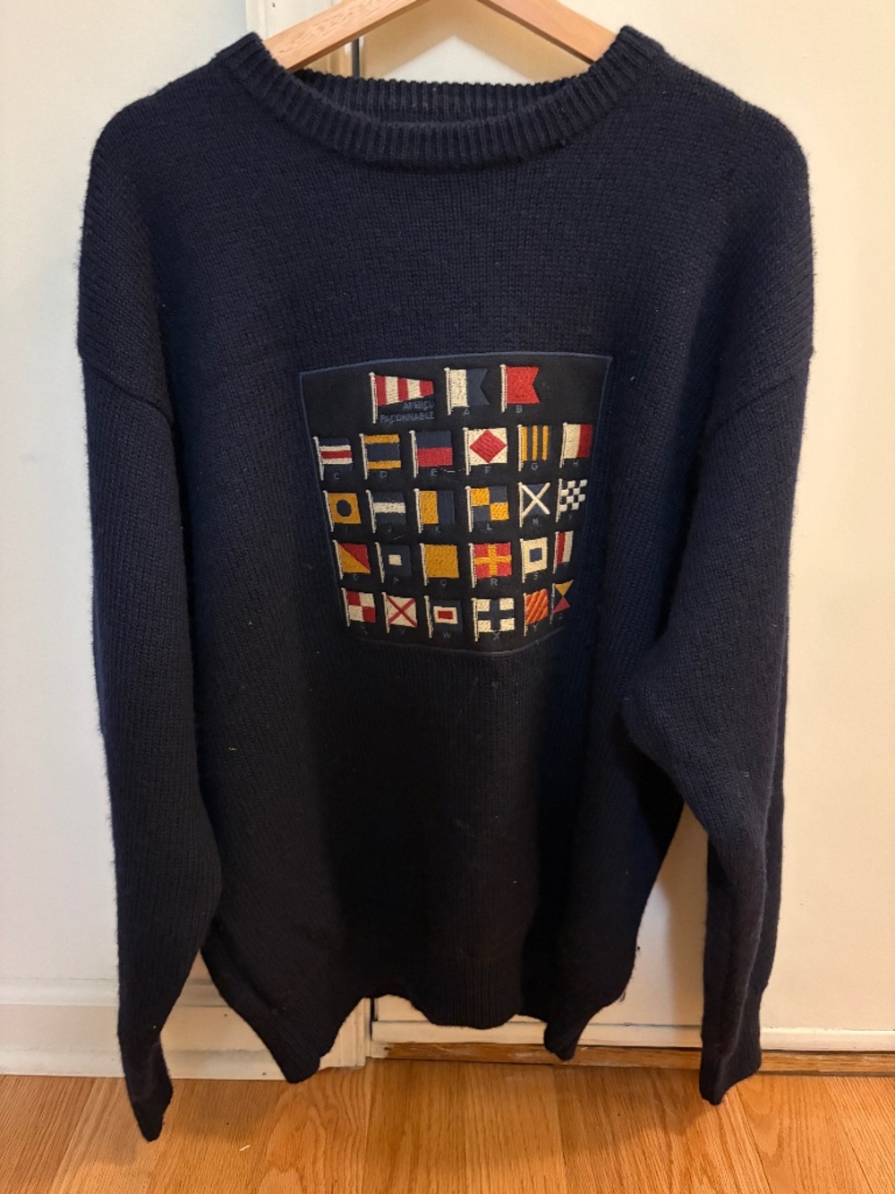 Façonnable Men's Nautical Signal Flag Sweater 100% Wool Navy L